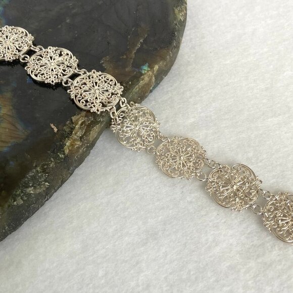 Sterling Silver 925 Round Scrollwork Filigree Link Bracelet & Dangle Earring Set - Picture 12 of 16